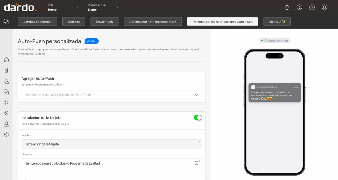 Auto-Push personalizada, con el selector de activador y una regla de instalación de tarjeta