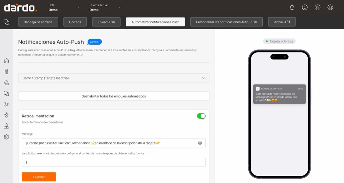 Pantalla de Notificaciones Auto-Push con el selector de tarjeta y el primer bloque desplegado