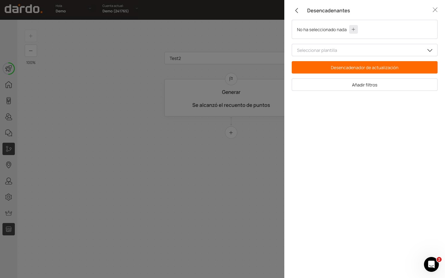 Configuración del disparador Manual: selector de segmentos en No ha seleccionado nada, Seleccionar plantilla, el botón Desencadenador de actualización y Añadir filtros
