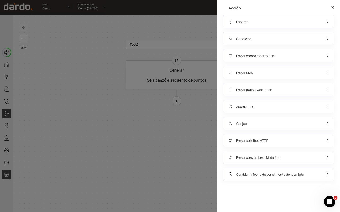 Panel Acción con los diez bloques: Esperar, Condición, Enviar correo electrónico, Enviar SMS, Enviar push y web-push, Acumularse, Canjear, Enviar solicitud HTTP, Enviar conversión a Meta Ads y Cambiar la fecha de vencimiento de la tarjeta
