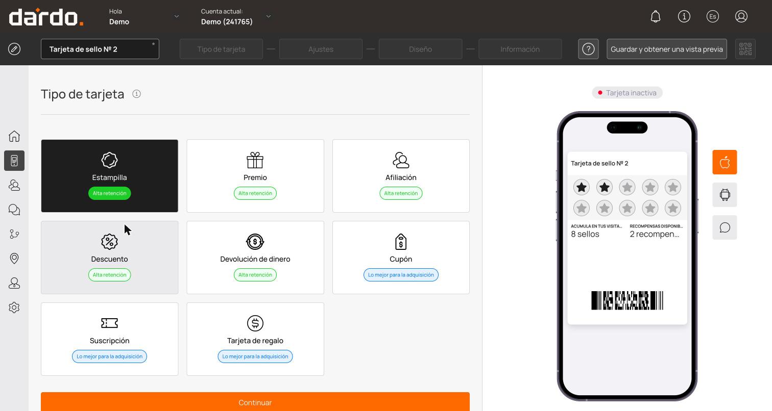 Selector con los ocho tipos de tarjeta y sus etiquetas
