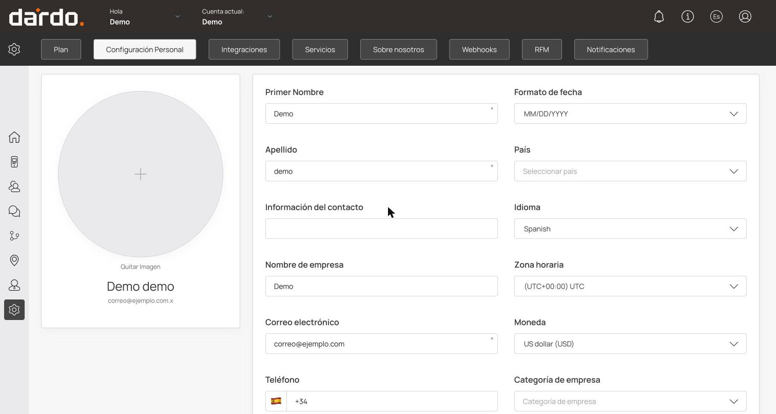 Configuración Personal con las ocho pestañas y los campos de país, idioma, zona horaria y moneda