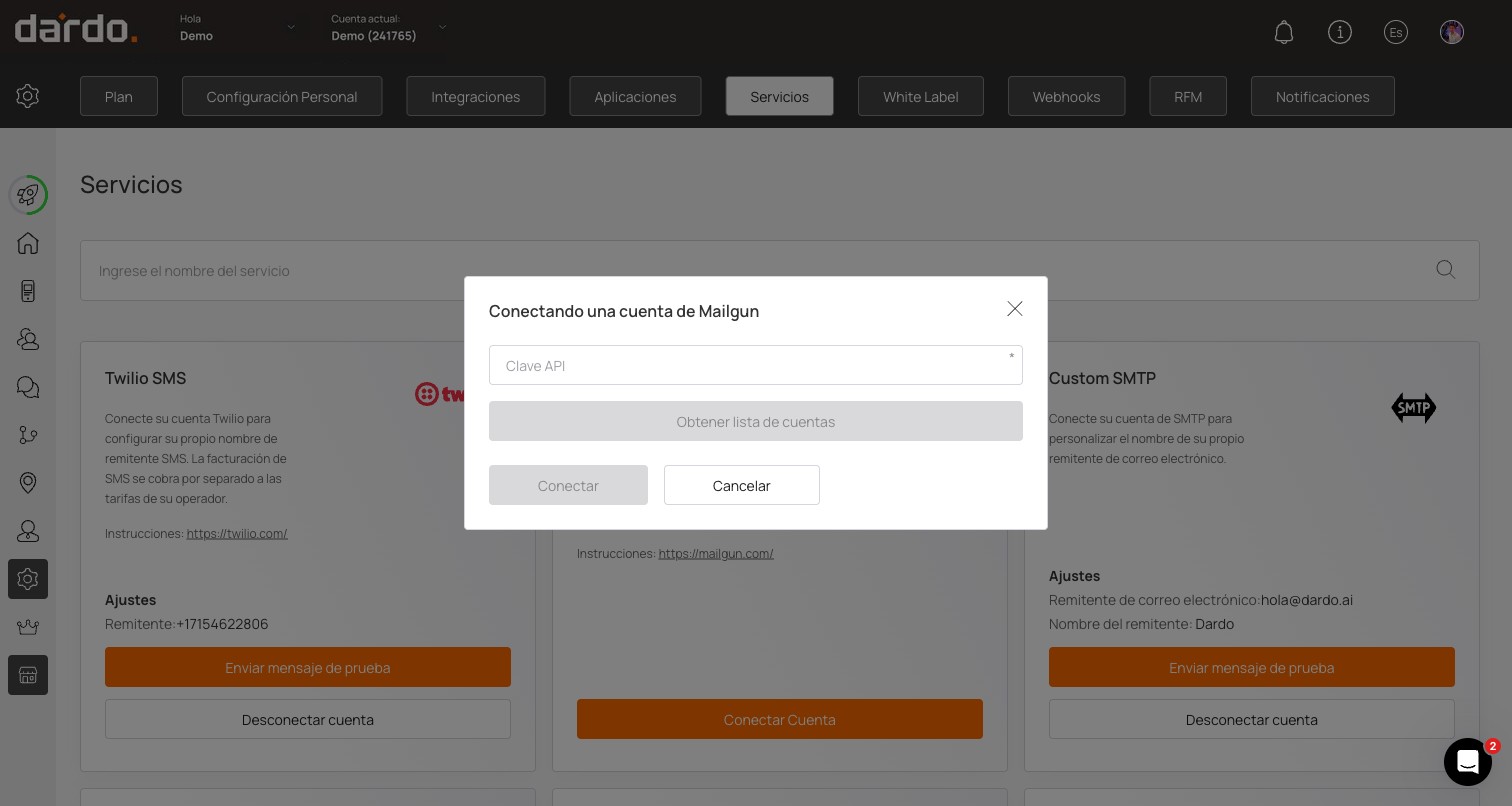 Ventana Conectando una cuenta de Mailgun, con el campo Clave API, el botón Obtener lista de cuentas y los botones Conectar y Cancelar