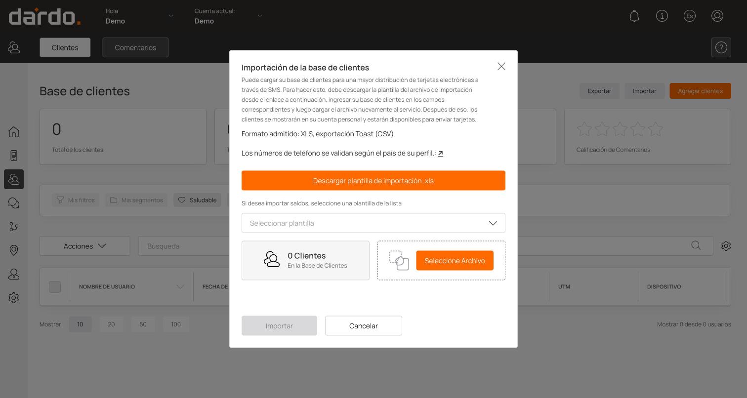 Ventana de Importación de la base de clientes con la plantilla, el selector de tarjeta y el cargador de archivo