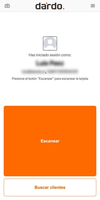 Pantalla de inicio del escáner, con la cuenta activa y los dos botones principales