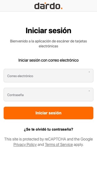 Pantalla de acceso de la app escáner en español, vista desde un celular
