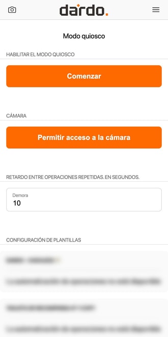 Modo quiosco: habilitar, permiso de cámara, retardo entre operaciones y configuración por plantilla