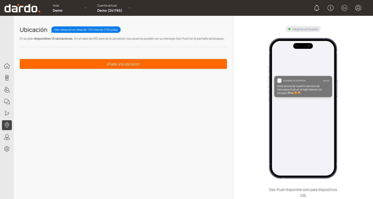 Pantalla de Ubicación con el aviso de que Geo-Push es solo para iOS