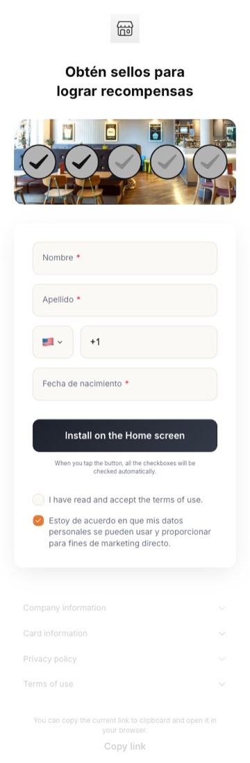 Formulario de instalación tal como lo ve el cliente en el celular