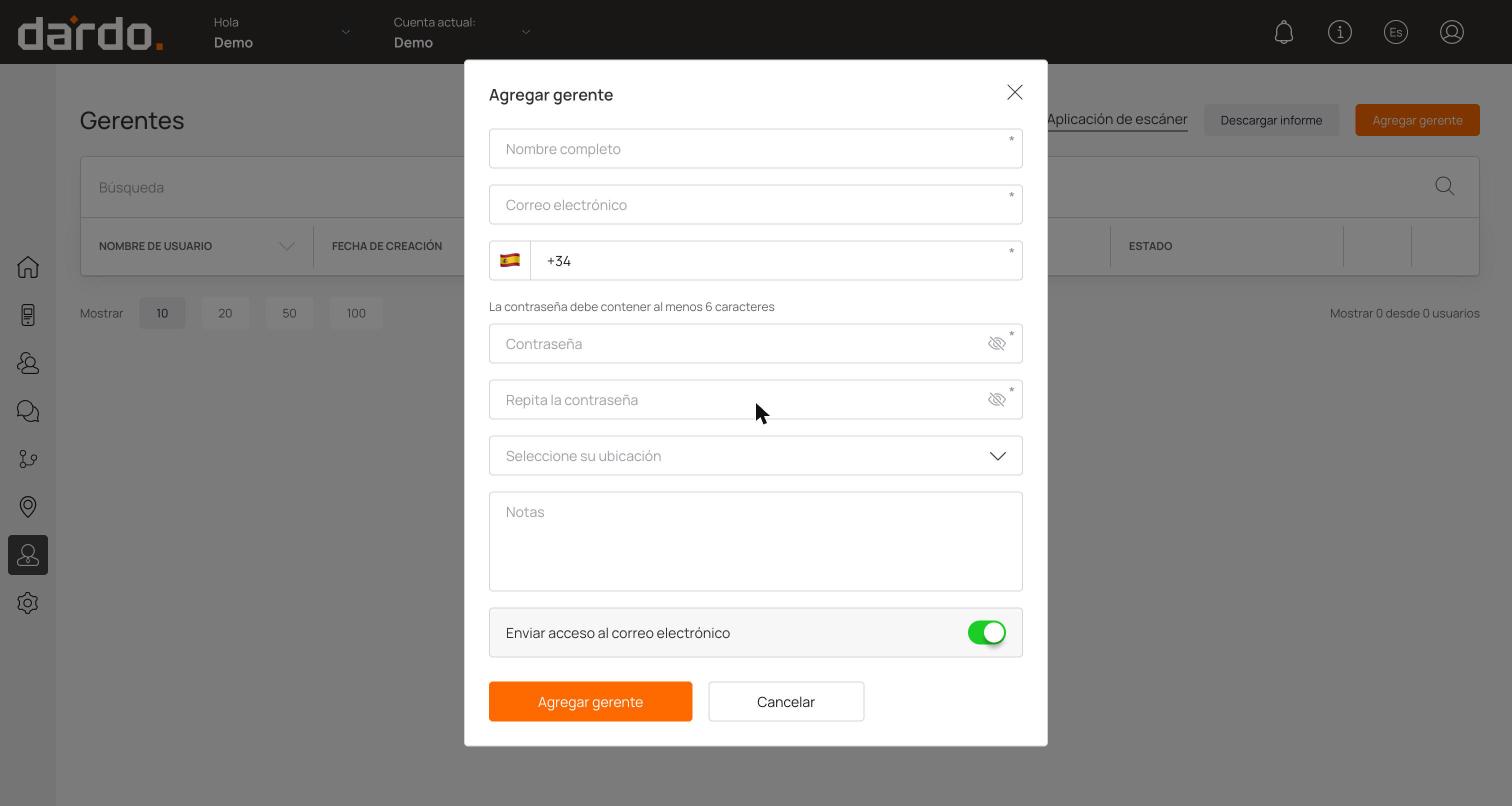 Formulario Agregar gerente con nombre, correo, teléfono, contraseña, ubicación, notas y el interruptor de enviar acceso