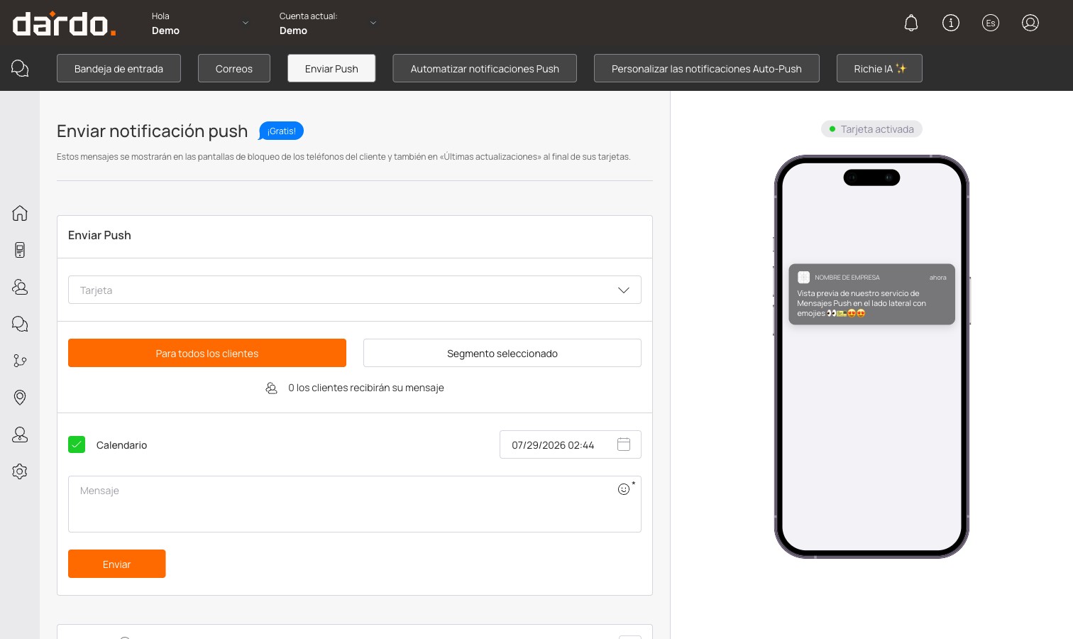 Formulario de envío de push con la vista previa en el celular