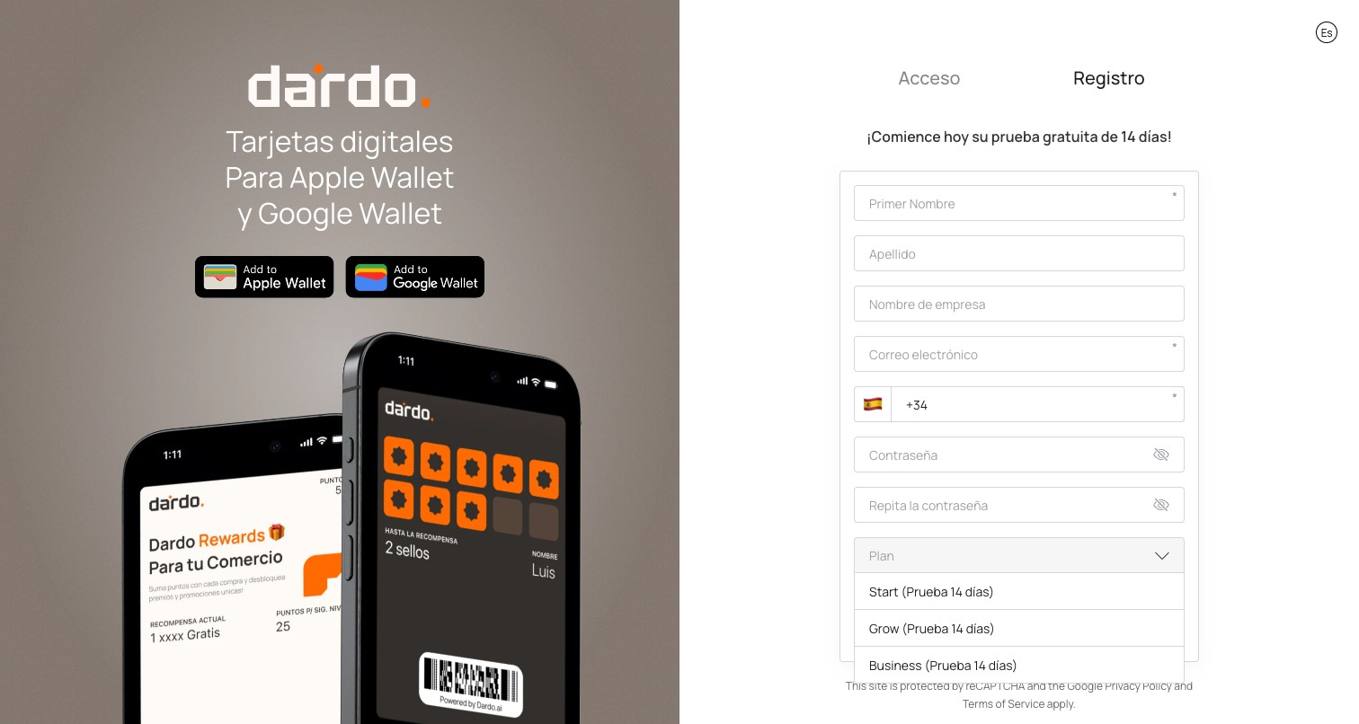 Formulario de registro con sus campos y el desplegable de Plan abierto