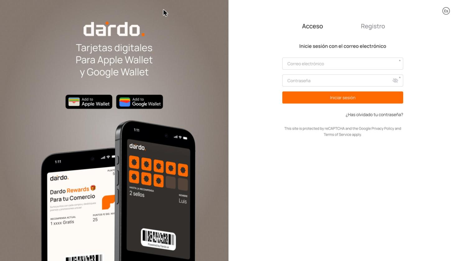 Pantalla de acceso de Dardo con las pestañas Acceso y Registro, los campos de correo y contraseña, y el botón Iniciar sesión