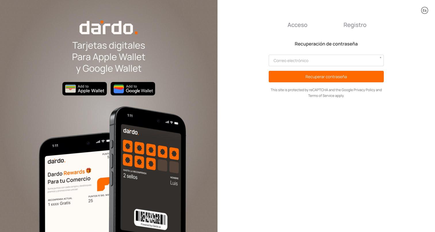 Pantalla de Recuperación de contraseña, con el campo de correo y el botón Recuperar contraseña
