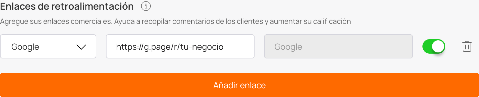 Enlaces de retroalimentación con una fila de Google, el enlace de la ficha y el interruptor activado