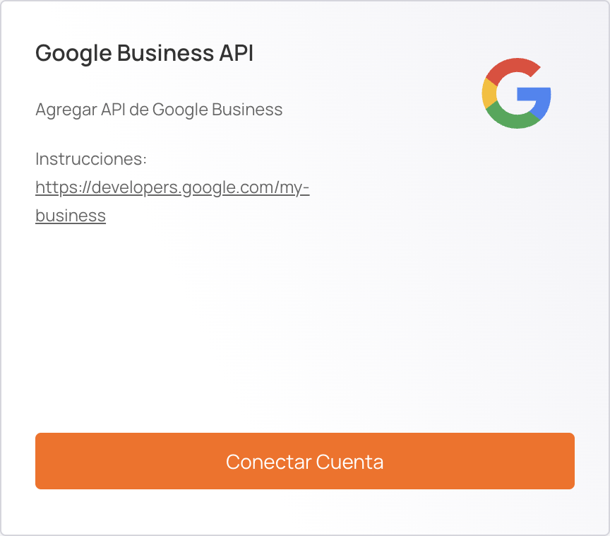 Tarjeta Google Business API en la pestaña Servicios, con el botón Conectar Cuenta
