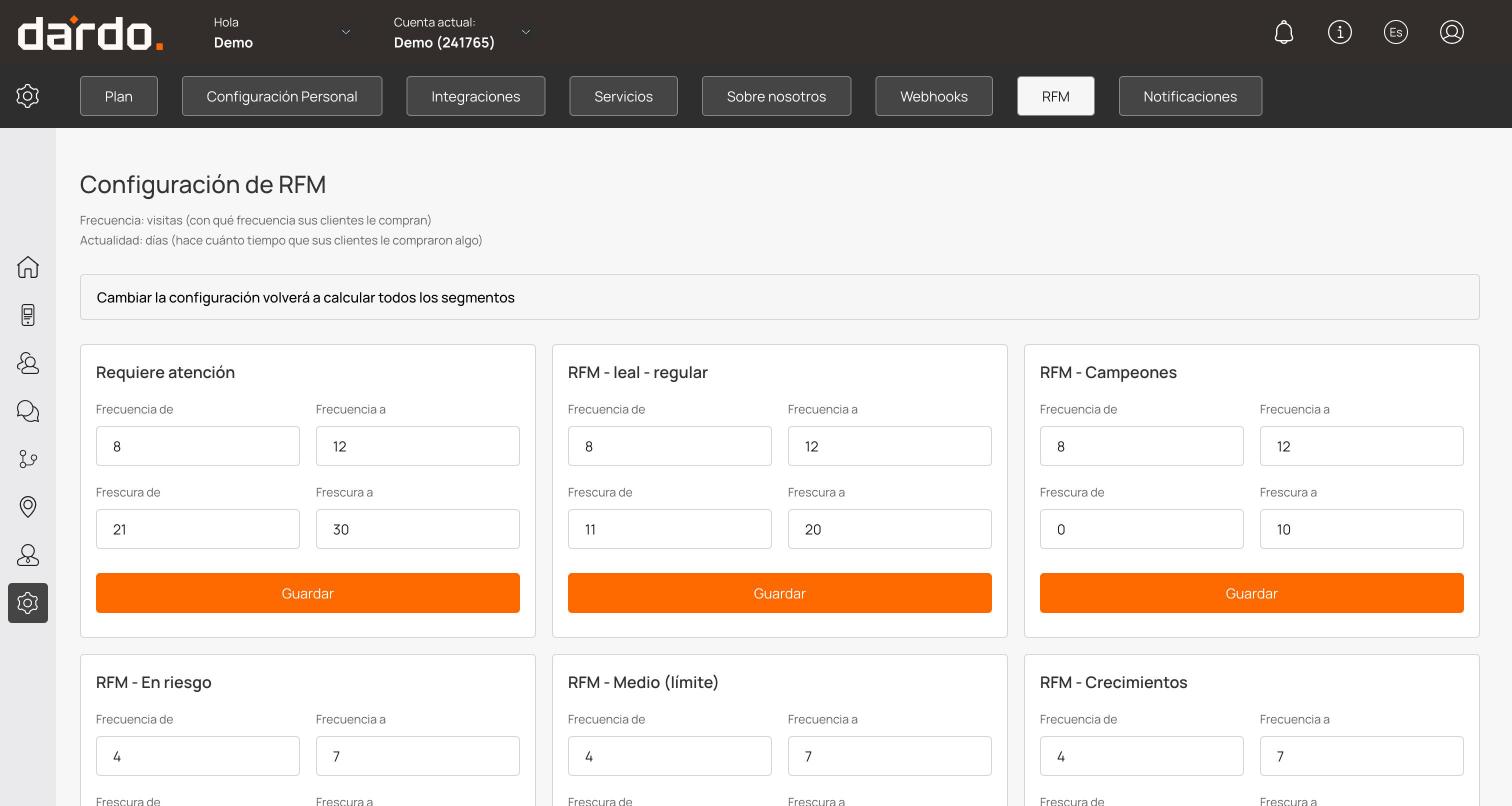 Configuración de RFM con los rangos de frecuencia y frescura por segmento