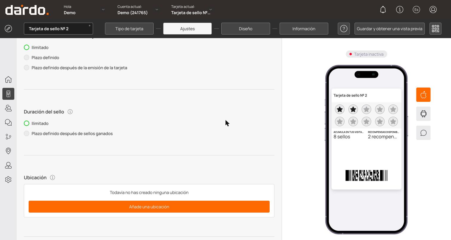 Pantalla de Ajustes con el formulario de emisión y las opciones de vencimiento