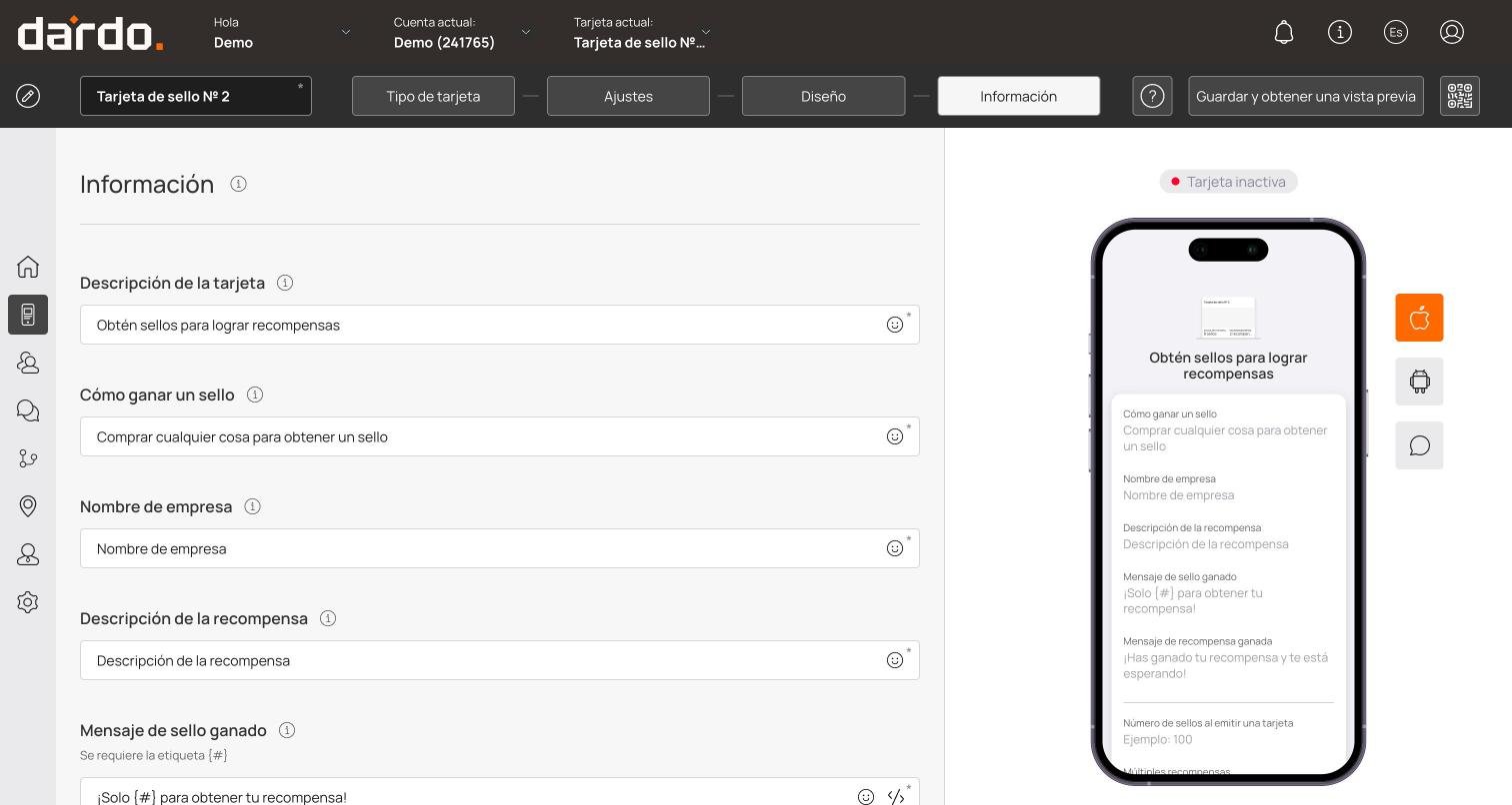 Pantalla de Información con los textos de la tarjeta y la vista previa en vivo