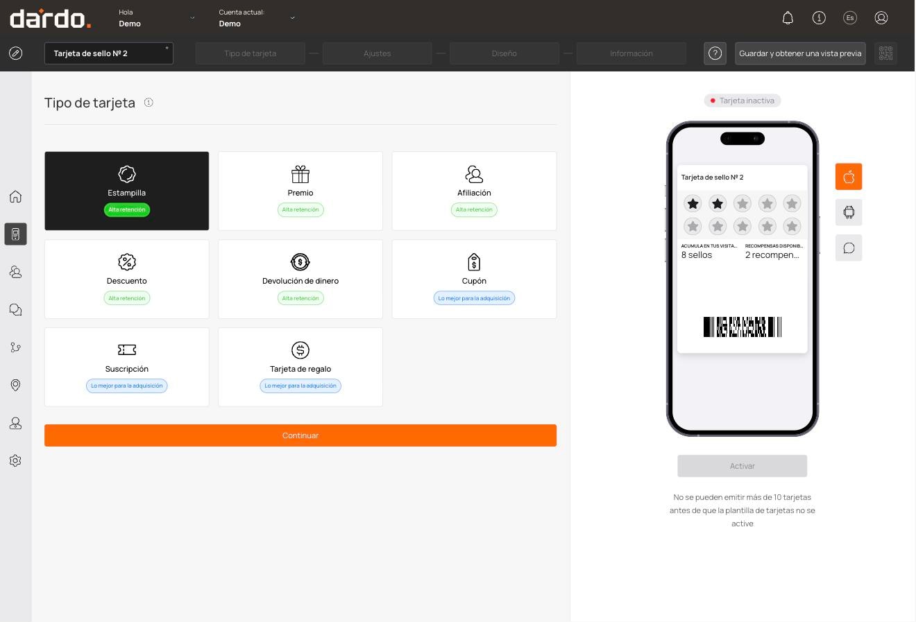 Selector de tipo de tarjeta con Estampilla seleccionada y la vista previa a la derecha